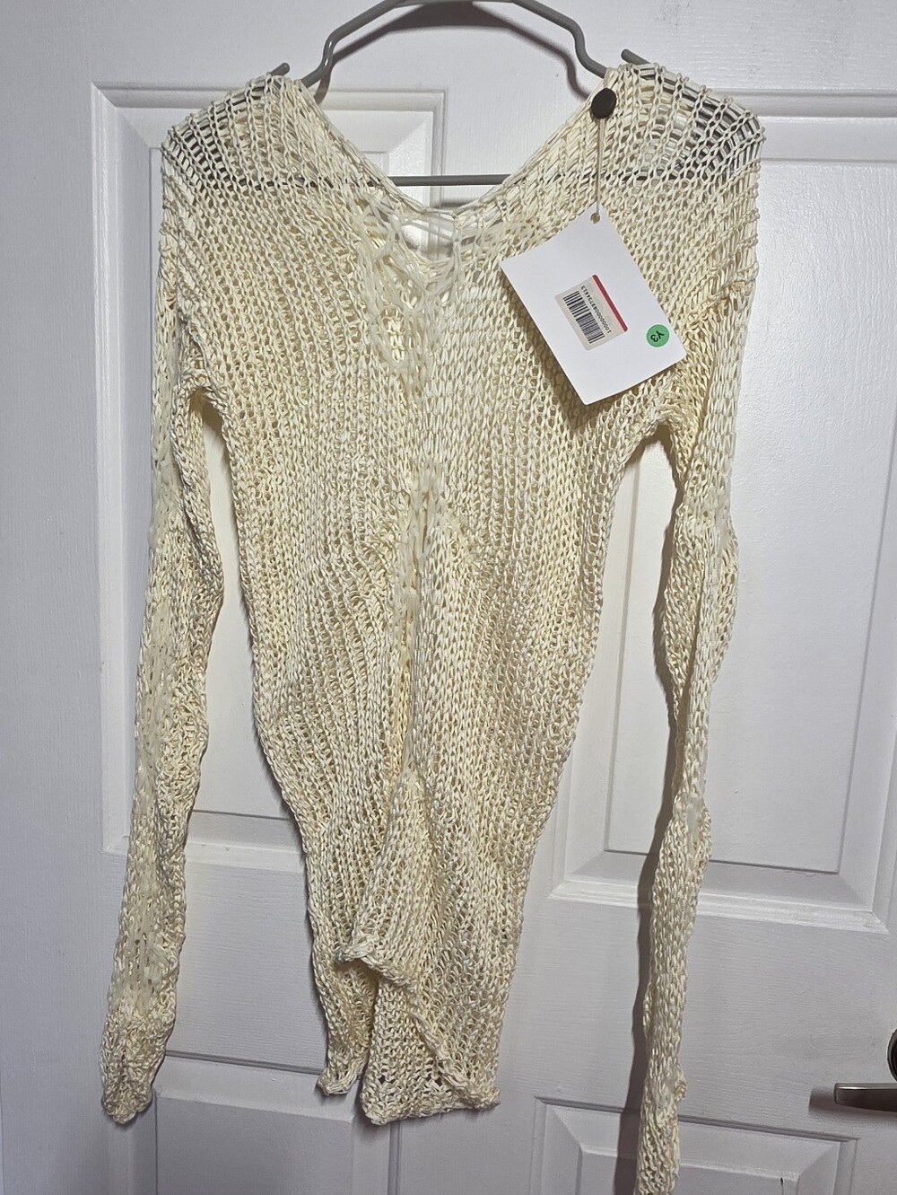 Sheer Open-Knit Cream Long-Sleeve Sweater - Picture 10 of 11